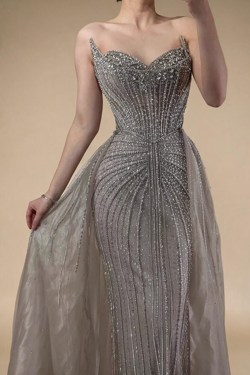 Caramel Beaded Tulle Evening Dress Strapless Sweetheart Formal Party Gown with Over-skirt DLA72811D Customized | Nightbubo