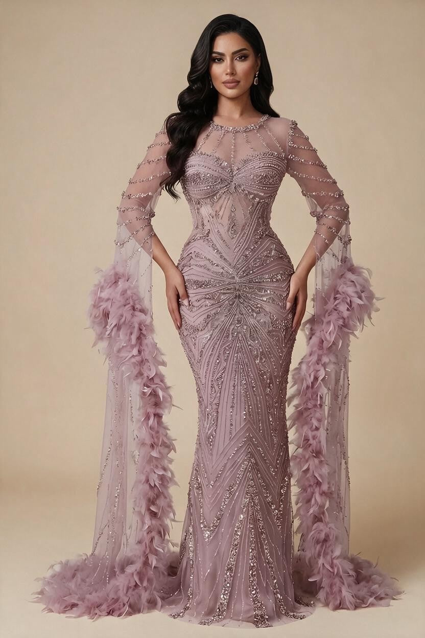Pink Luxury Beaded Mermaid Evening Dress Gowns with Feathers for Formal Occasion Customized DLA72708A | Nightbubo