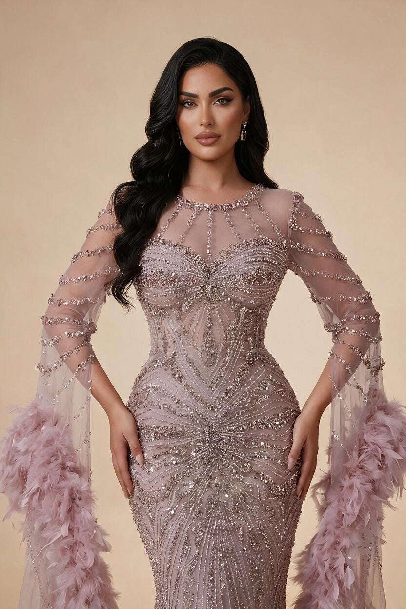 Pink Luxury Beaded Mermaid Evening Dress Gowns with Feathers for Formal Occasion Customized DLA72708A | Nightbubo
