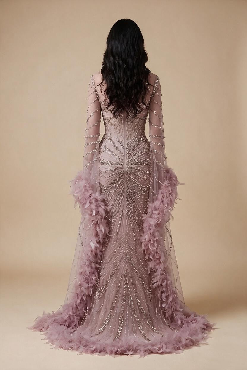 Pink Luxury Beaded Mermaid Evening Dress Gowns with Feathers for Formal Occasion Customized DLA72708A | Nightbubo