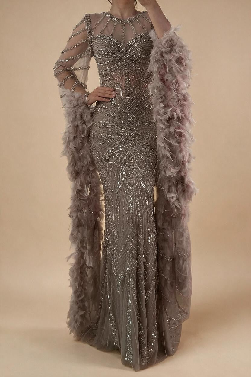 Pink Luxury Beaded Mermaid Evening Dress Gowns with Feathers for Formal Occasion Customized DLA72708A | Nightbubo