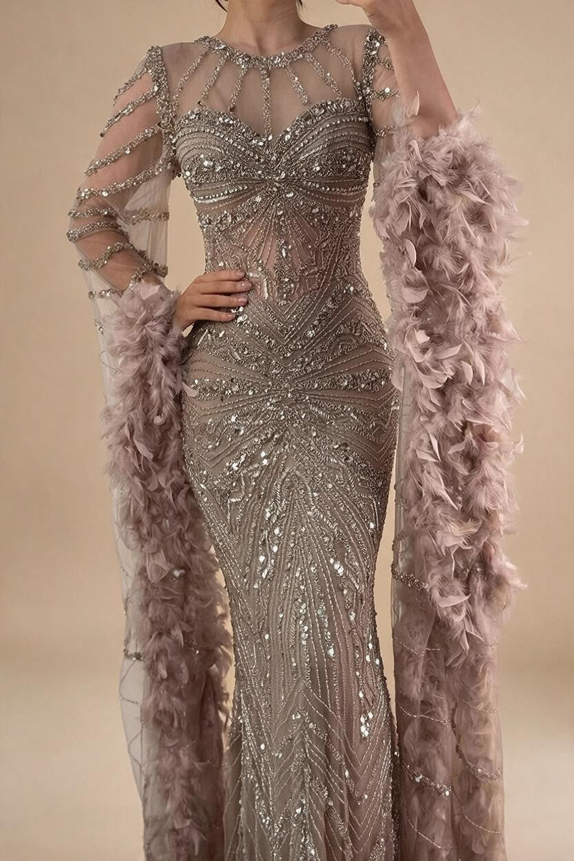 Pink Luxury Beaded Mermaid Evening Dress Gowns with Feathers for Formal Occasion Customized DLA72708A | Nightbubo