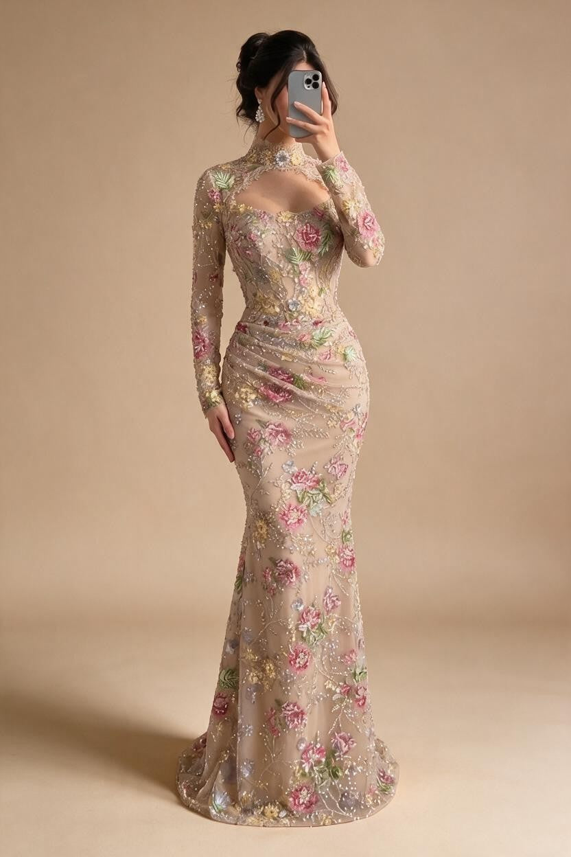 Mermaid Long Sleeves Evening Dress Flower Pattern Formal Wedding Party Gowns for Women 2026 DLA73552F Customized | Nightbubo