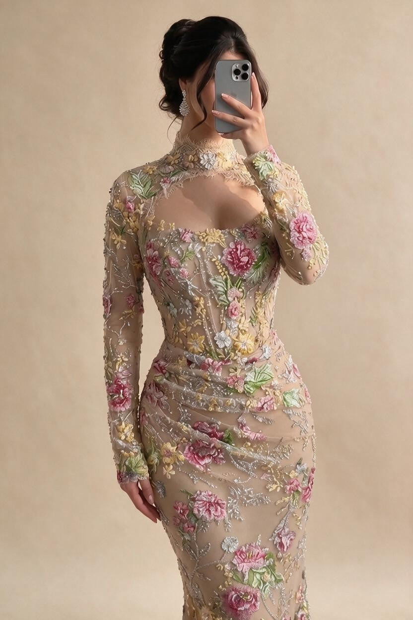 Mermaid Long Sleeves Evening Dress Flower Pattern Formal Wedding Party Gowns for Women 2026 DLA73552F Customized | Nightbubo