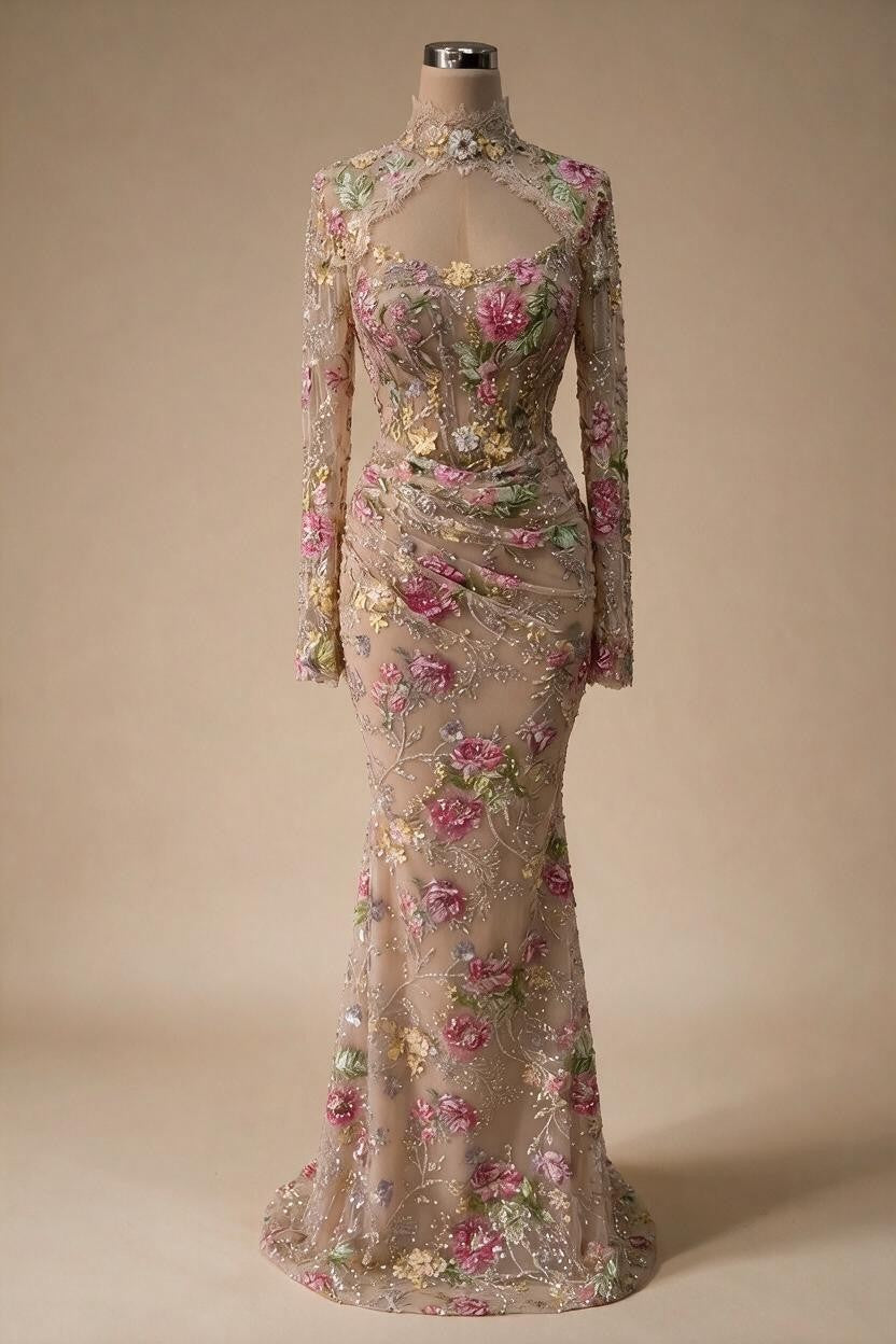 Mermaid Long Sleeves Evening Dress Flower Pattern Formal Wedding Party Gowns for Women 2026 DLA73552F Customized | Nightbubo