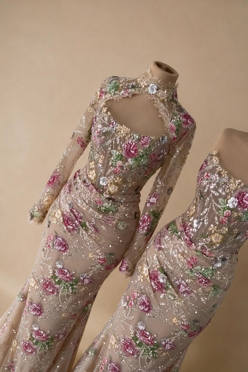 Mermaid Long Sleeves Evening Dress Flower Pattern Formal Wedding Party Gowns for Women 2026 DLA73552F Customized | Nightbubo