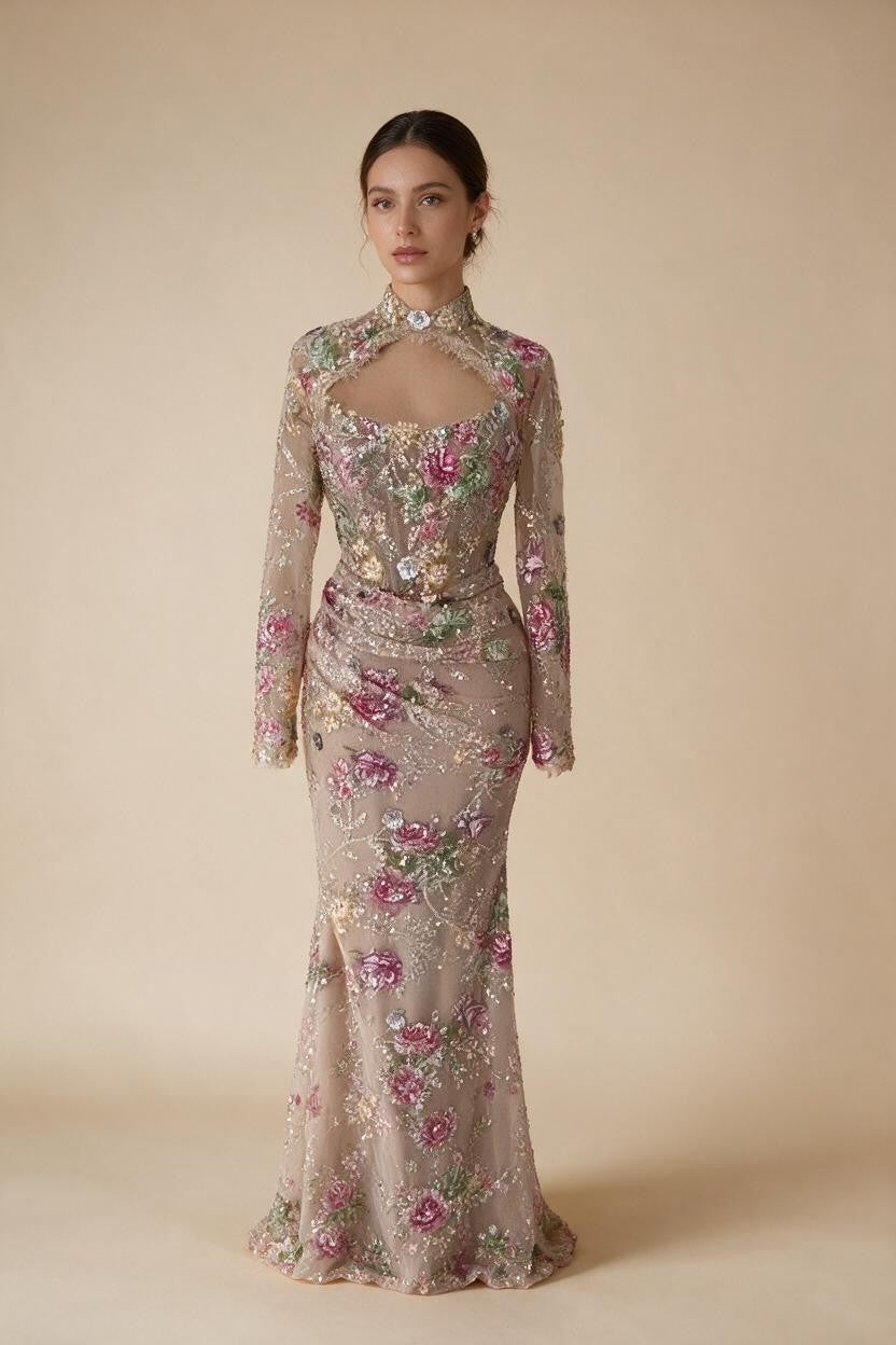 Mermaid Long Sleeves Evening Dress Flower Pattern Formal Wedding Party Gowns for Women 2026 DLA73552F Customized | Nightbubo