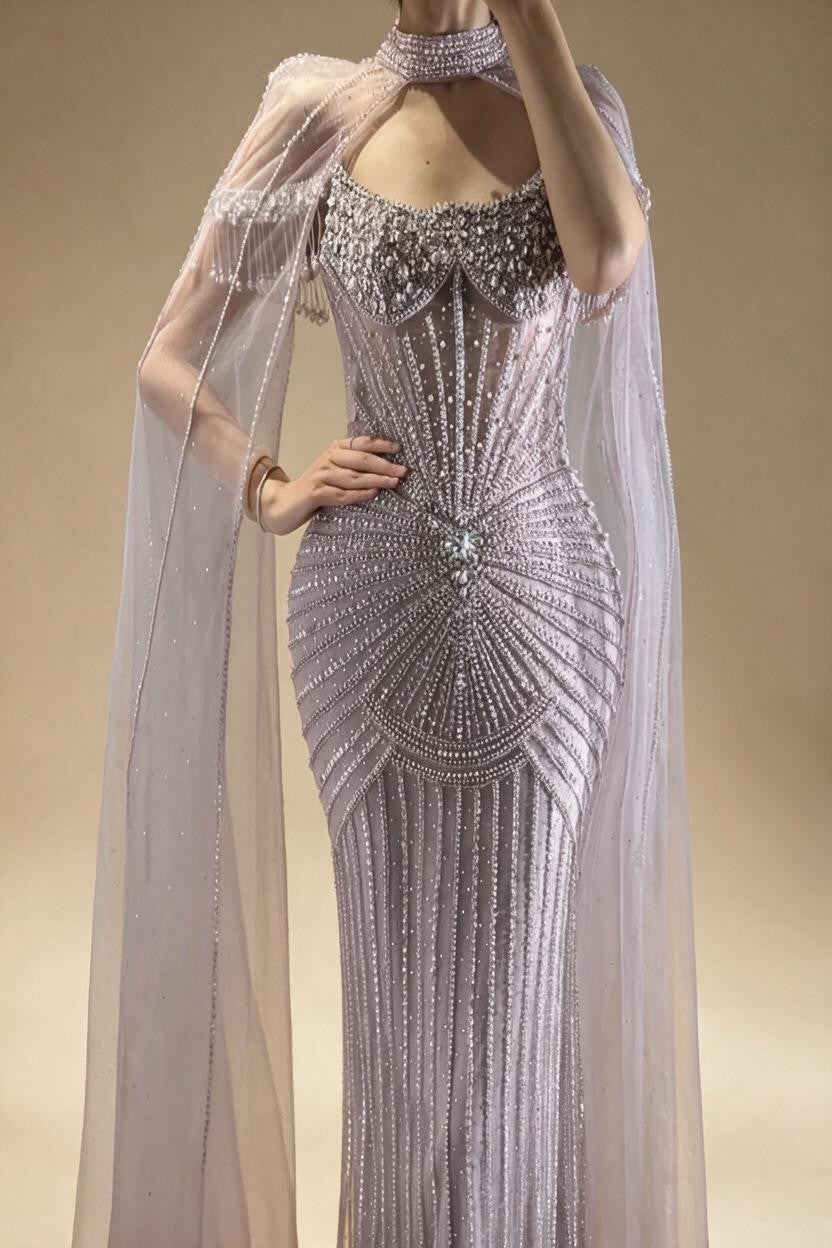 2026 Pearl Beaded Mermaid Caramel Evening Dresses Elegant Formal Party Gown with Sheer Cape Customized DLA73148C | Nightbubo
