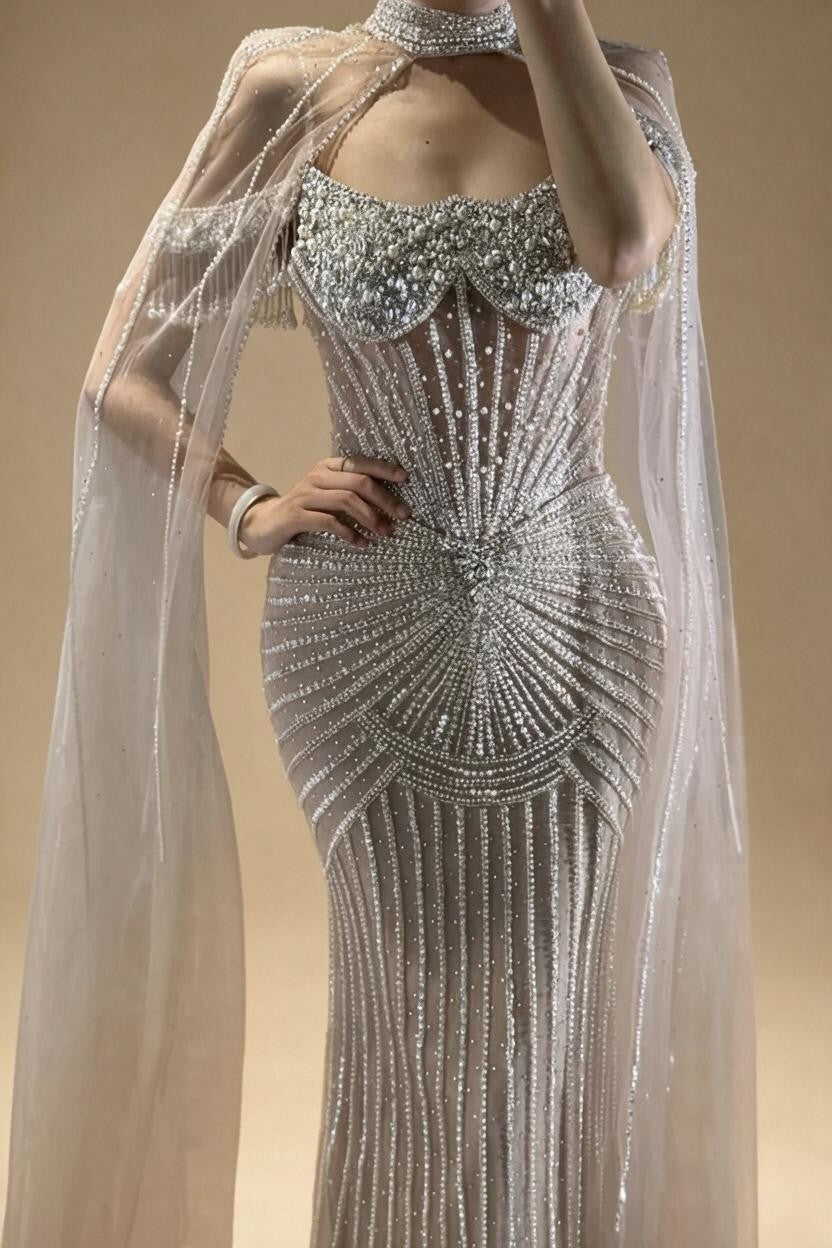 2026 Pearl Beaded Mermaid Caramel Evening Dresses Elegant Formal Party Gown with Sheer Cape Customized DLA73148C | Nightbubo