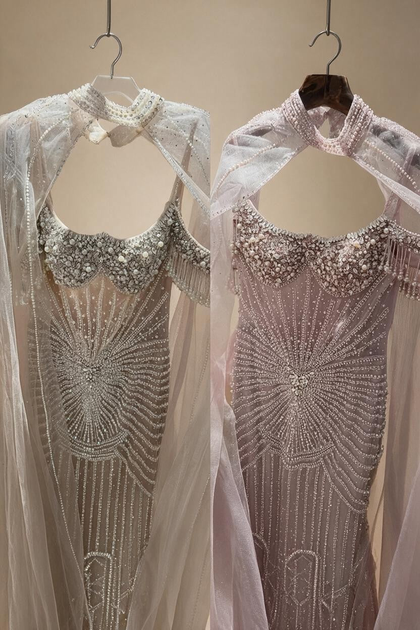 2026 Pearl Beaded Mermaid Caramel Evening Dresses Elegant Formal Party Gown with Sheer Cape Customized DLA73148C | Nightbubo