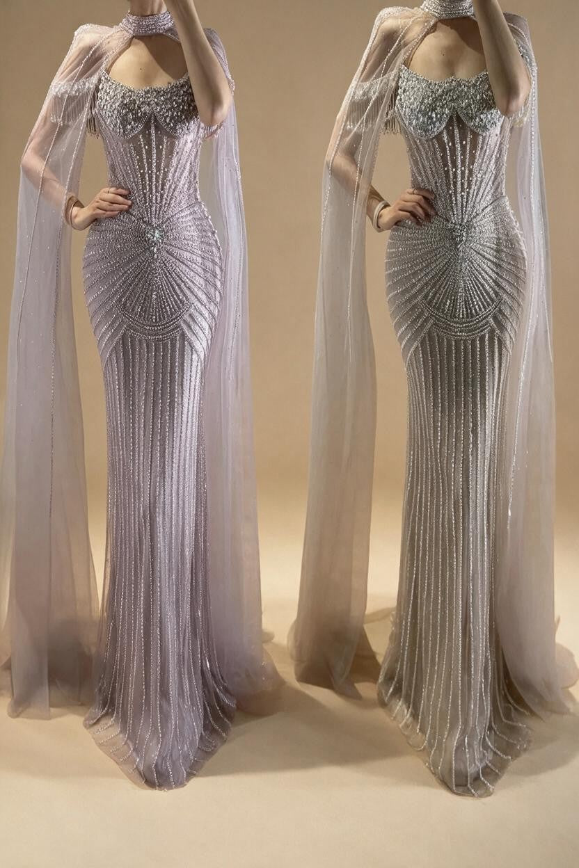 2026 Pearl Beaded Mermaid Caramel Evening Dresses Elegant Formal Party Gown with Sheer Cape Customized DLA73148C | Nightbubo