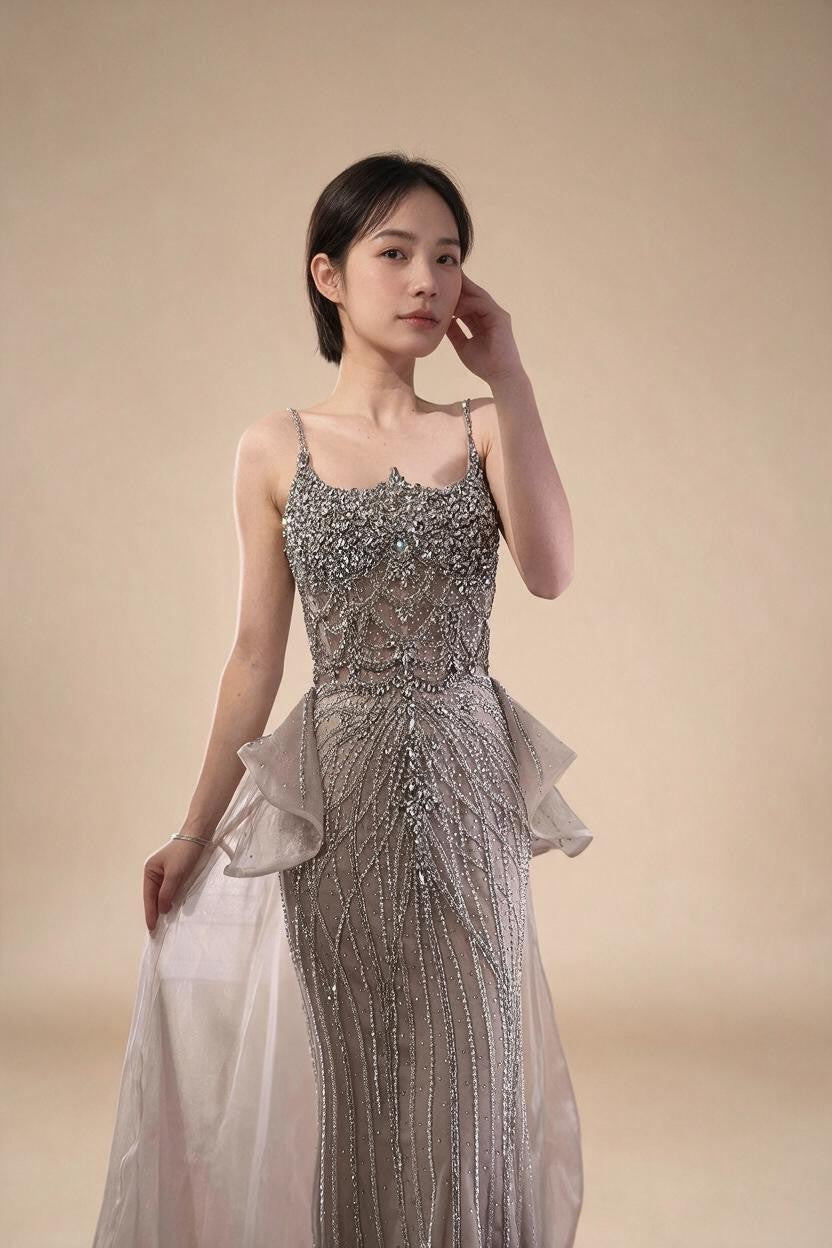 2026 Luxury Caramel Crystal Beaded Spaghetti Strap Mermaid Evening Dress Gowns for Formal Party DLA72810A Customized | Nightbubo