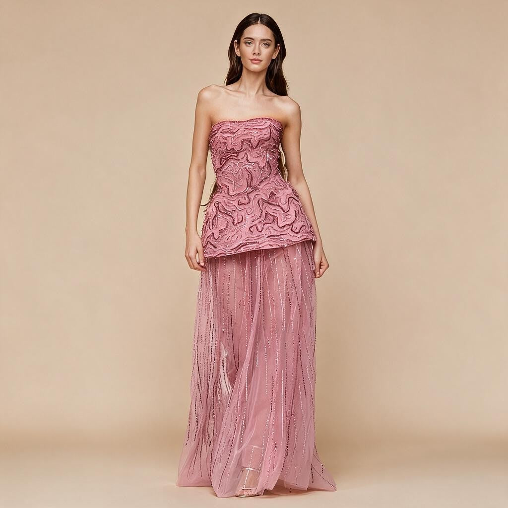 Pink Strapless A Line Evening Dress Two Piece Elegant Party Gowns for Women DLA73207 Customized | Nightbubo