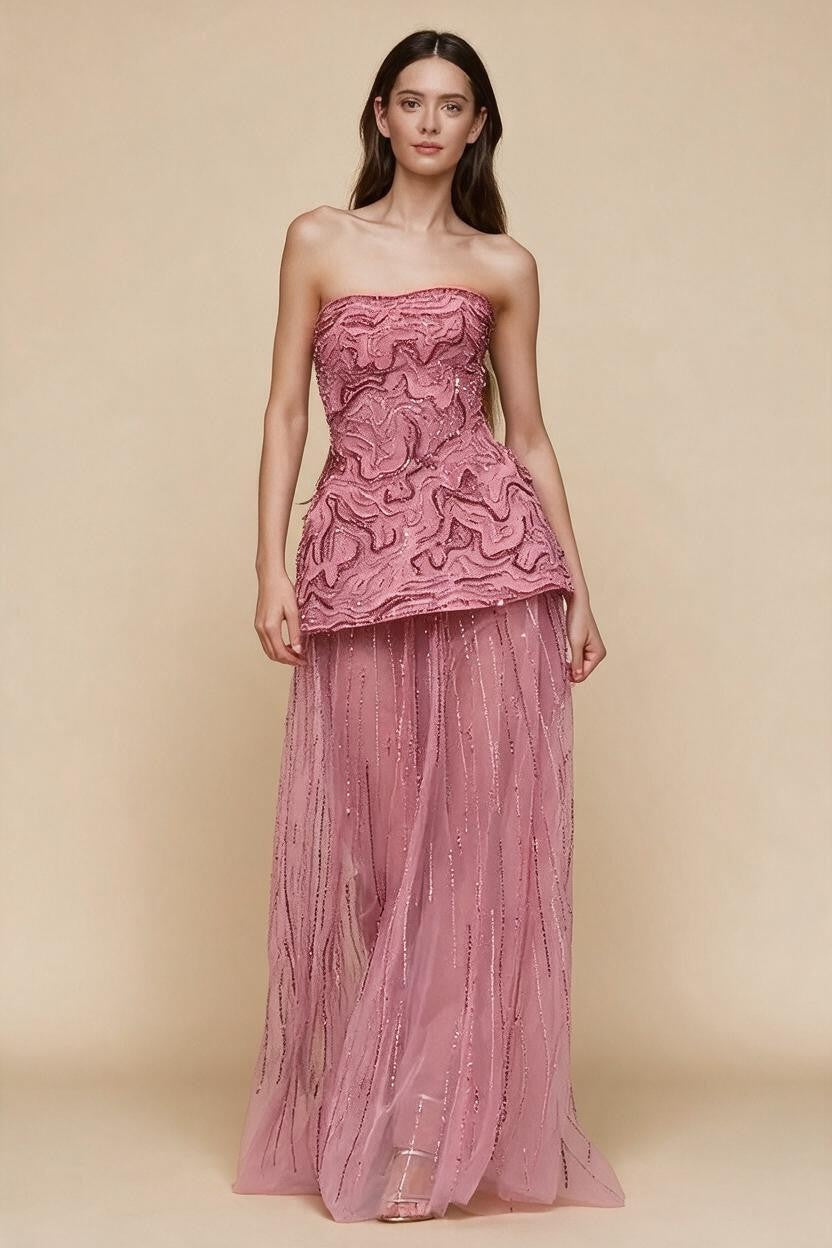 Pink Strapless A Line Evening Dress Two Piece Elegant Party Gowns for Women DLA73207 Customized | Nightbubo