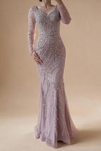 Pink V-neck Long Sleeves Mermaid Luxury Beaded Evening Dress 2026 Wedding Party Gowns DLA73191 Customized | Nightbubo