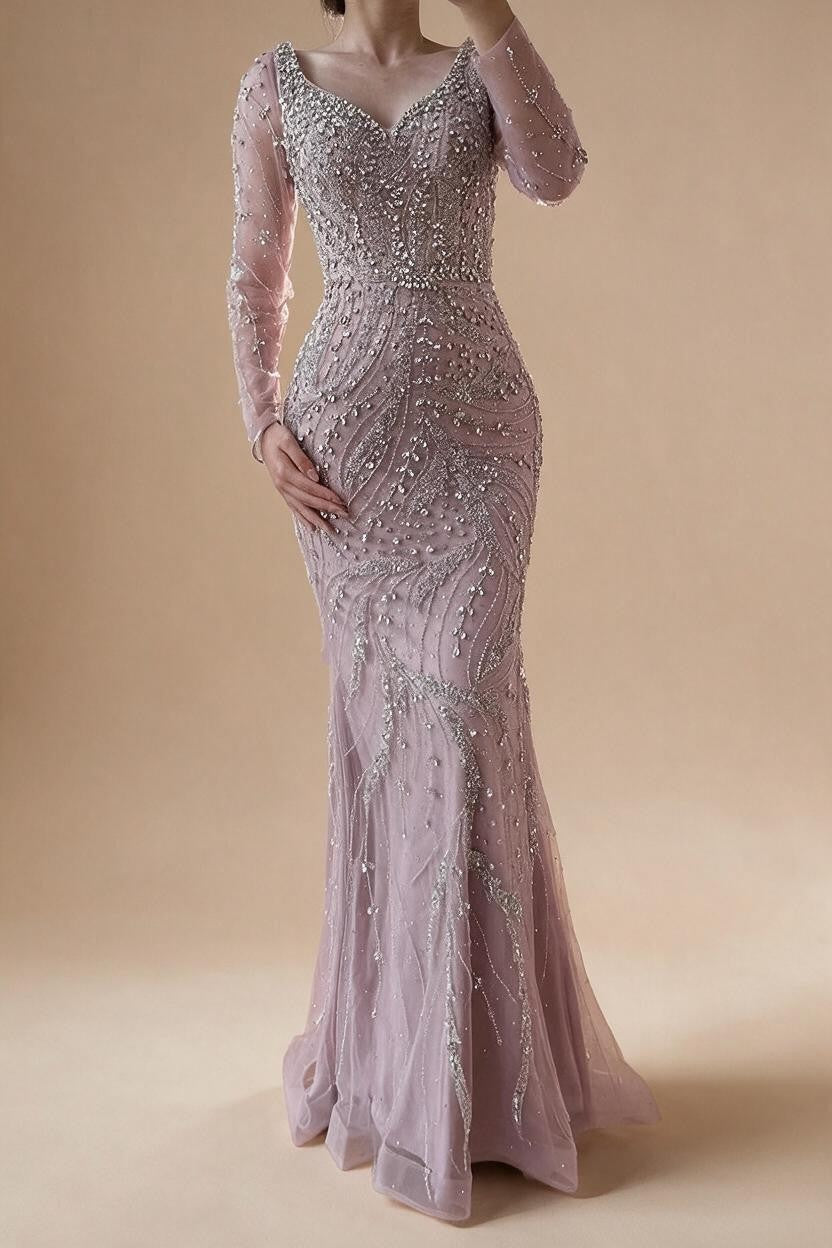 Pink V-neck Long Sleeves Mermaid Luxury Beaded Evening Dress 2026 Wedding Party Gowns DLA73191 Customized | Nightbubo