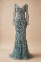 Pink V-neck Long Sleeves Mermaid Luxury Beaded Evening Dress 2026 Wedding Party Gowns DLA73191 Customized | Nightbubo
