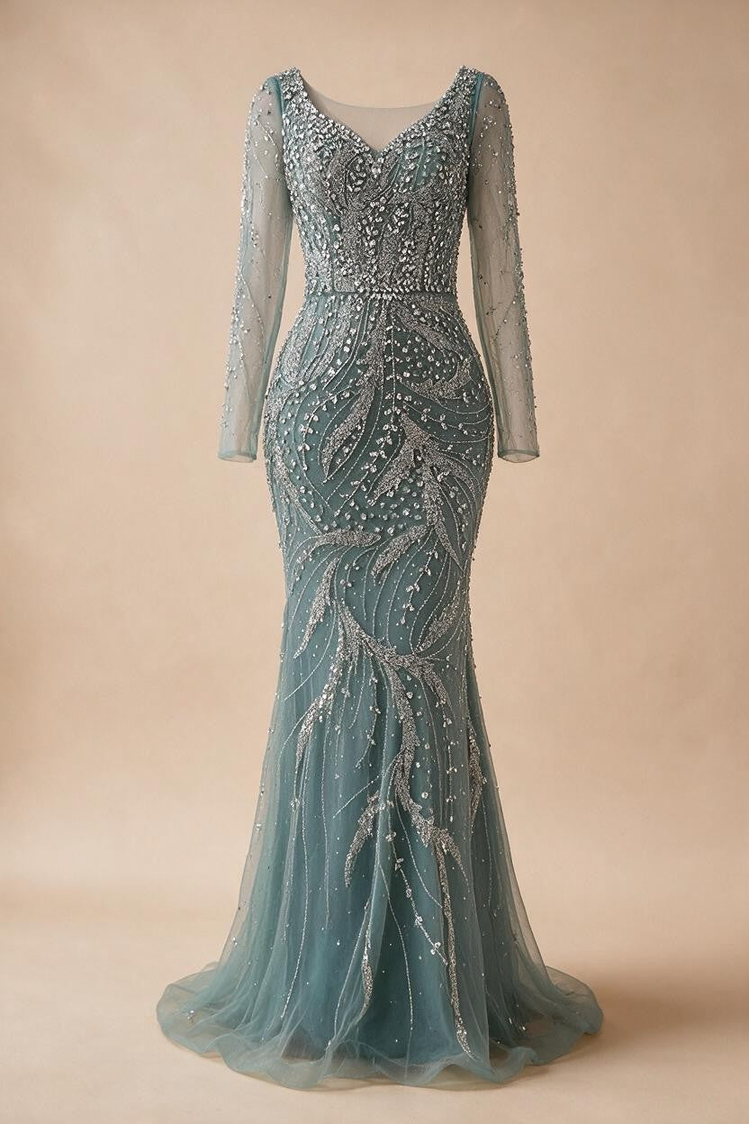 Pink V-neck Long Sleeves Mermaid Luxury Beaded Evening Dress 2026 Wedding Party Gowns DLA73191 Customized | Nightbubo
