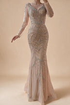 Pink V-neck Long Sleeves Mermaid Luxury Beaded Evening Dress 2026 Wedding Party Gowns DLA73191 Customized | Nightbubo