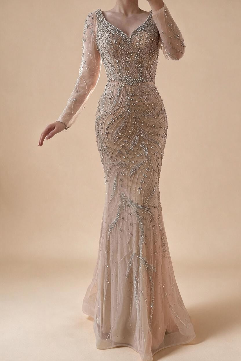 Pink V-neck Long Sleeves Mermaid Luxury Beaded Evening Dress 2026 Wedding Party Gowns DLA73191 Customized | Nightbubo