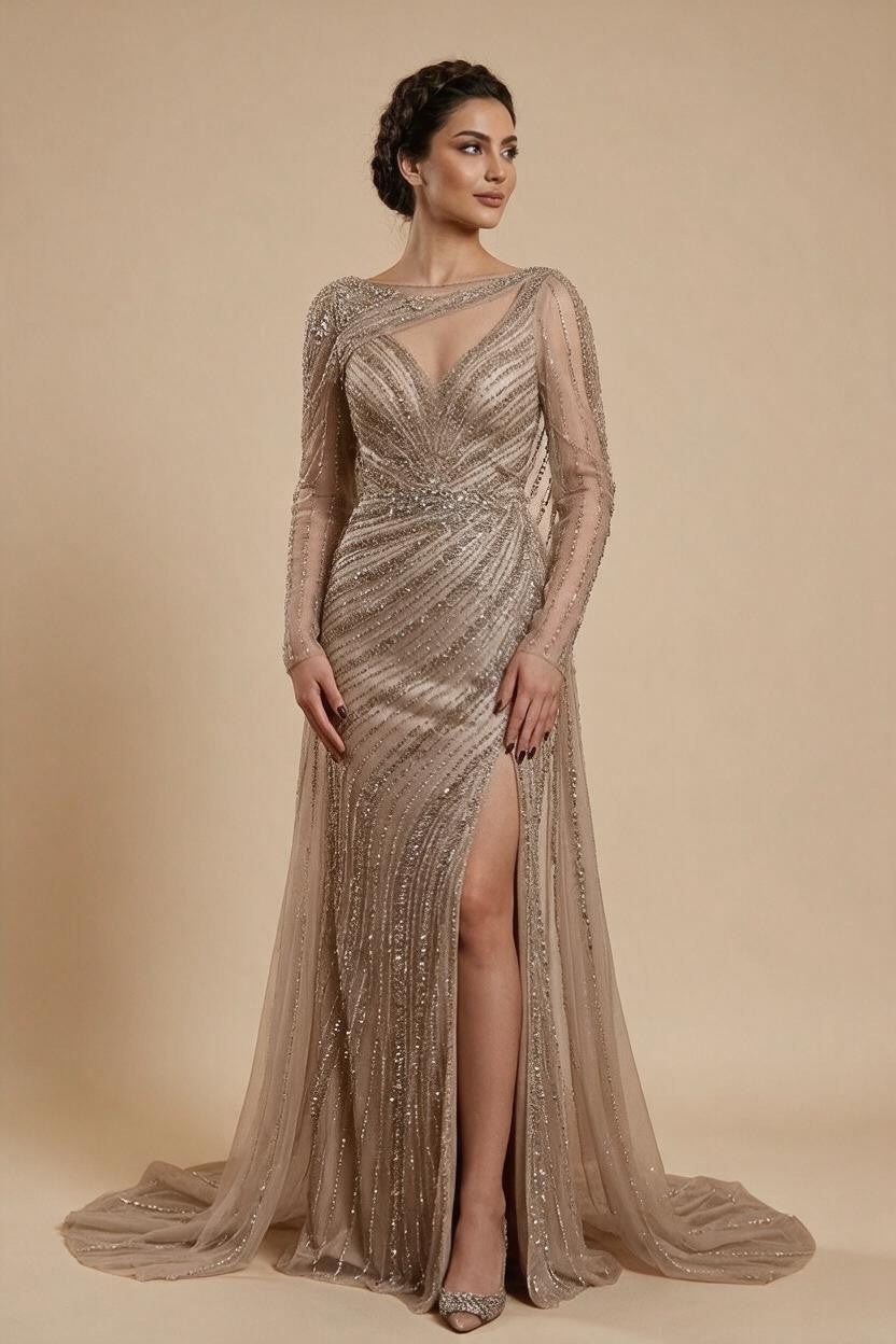 Mermaid Beaded Formal Wedding Party Gowns with High Split Celebrity Evening Dress for Women Customized DLA70301L | Nightbubo