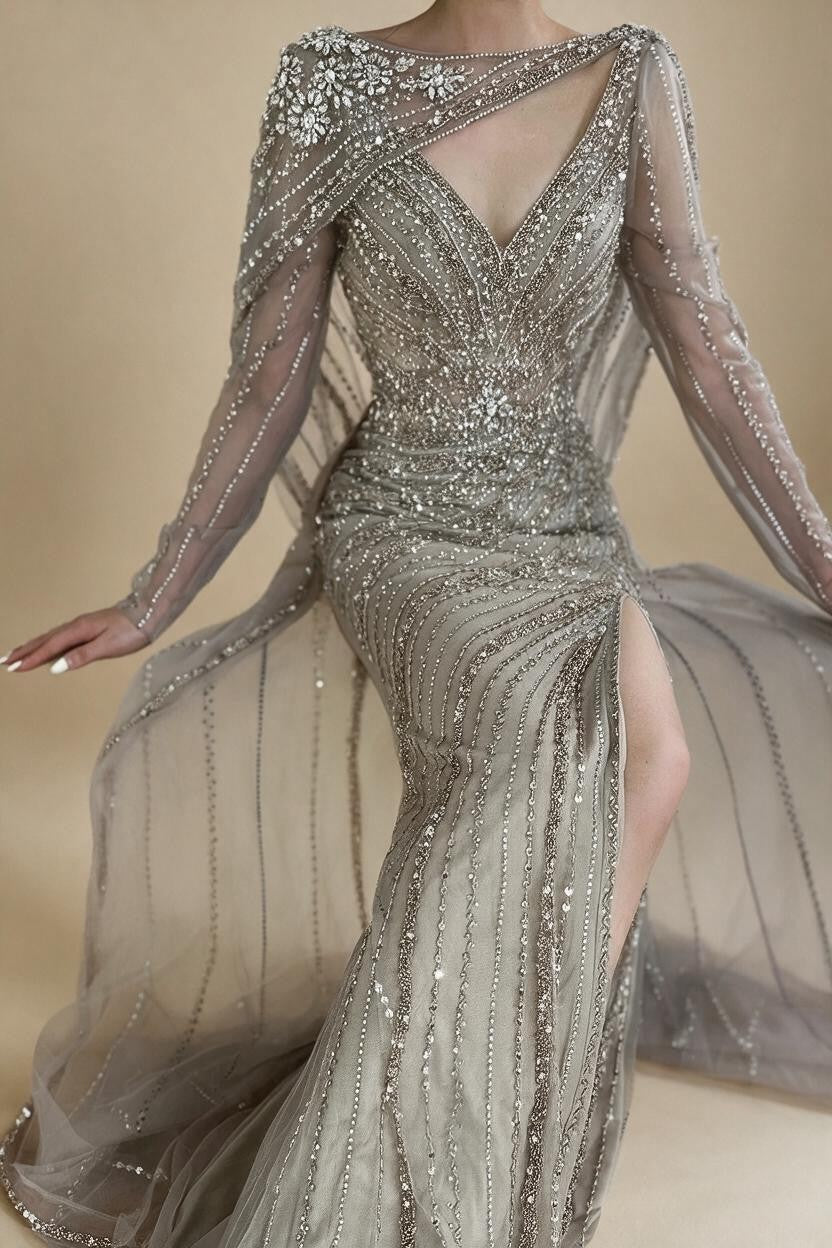 Mermaid Beaded Formal Wedding Party Gowns with High Split Celebrity Evening Dress for Women Customized DLA70301L | Nightbubo