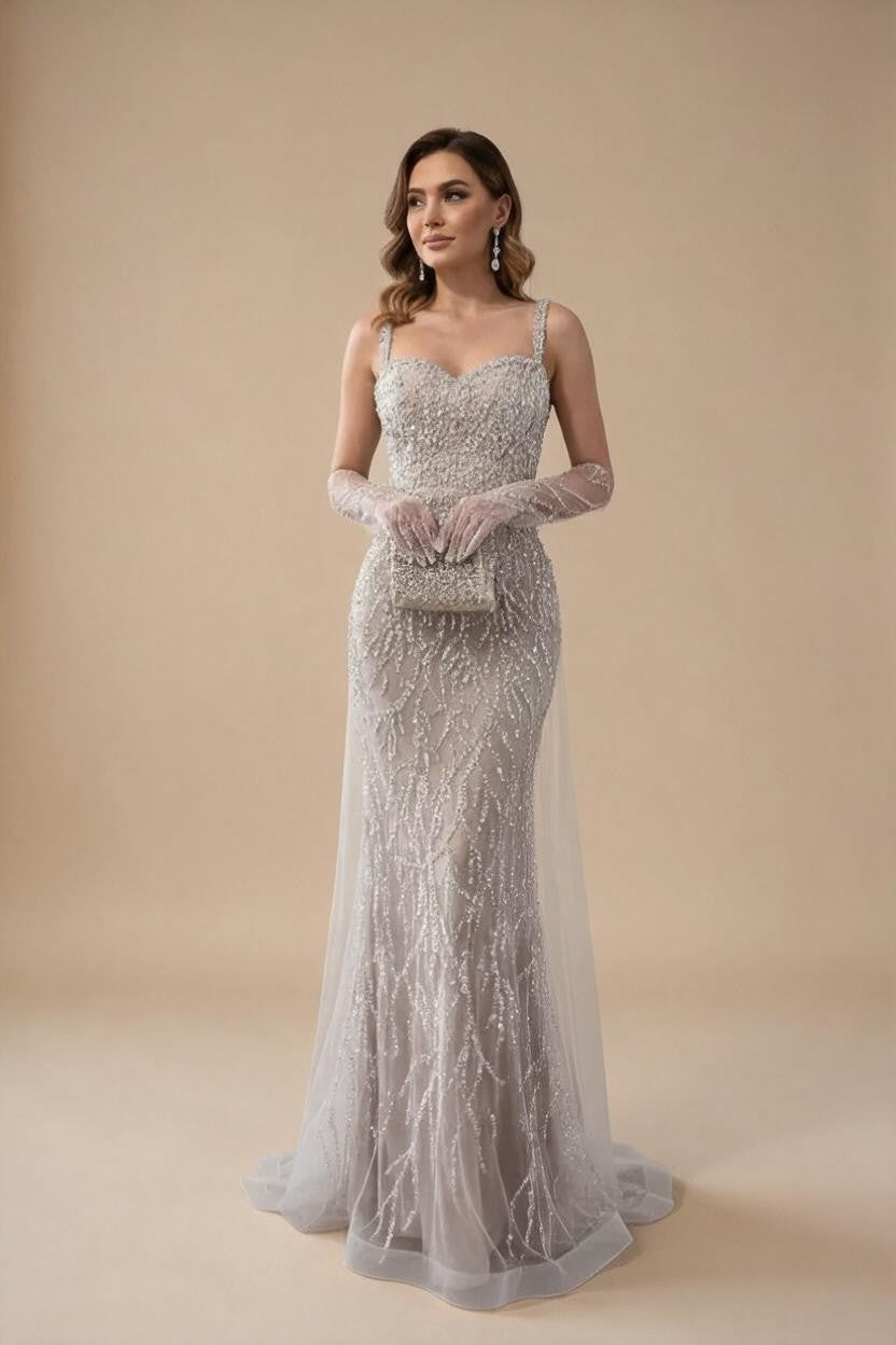 White Nude Mermaid Pearls Evening Dresses with Gloves Wedding Party Gowns for Women 2026 Customized DLA72345E | Nightbubo