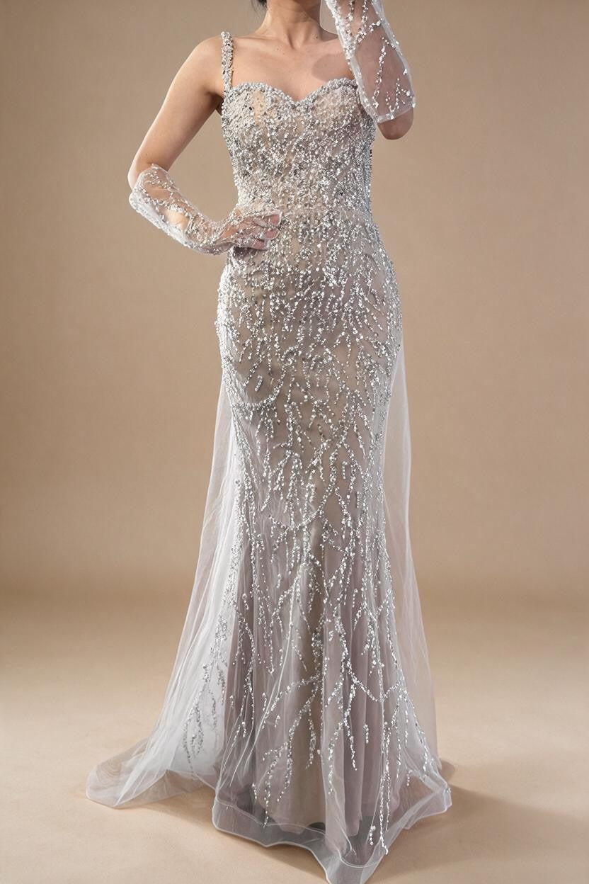 White Nude Mermaid Pearls Evening Dresses with Gloves Wedding Party Gowns for Women 2026 Customized DLA72345E | Nightbubo