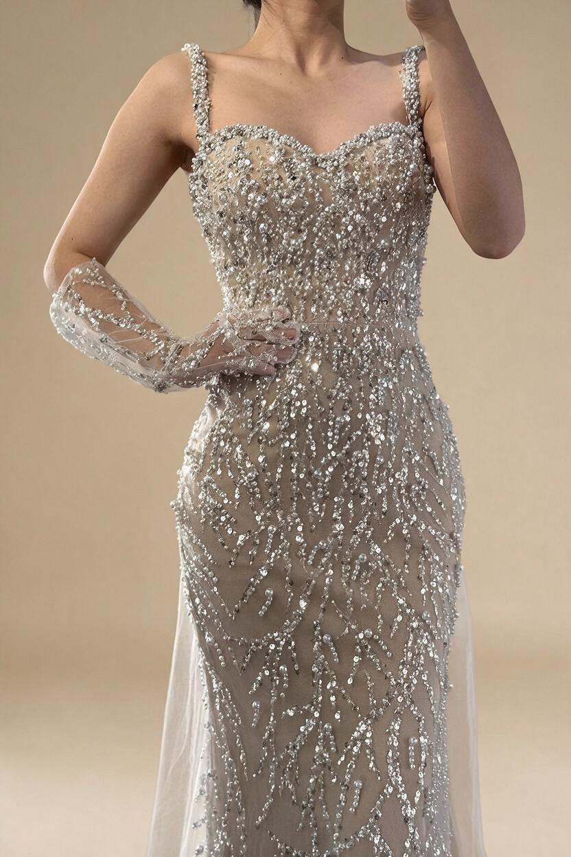 White Nude Mermaid Pearls Evening Dresses with Gloves Wedding Party Gowns for Women 2026 Customized DLA72345E | Nightbubo