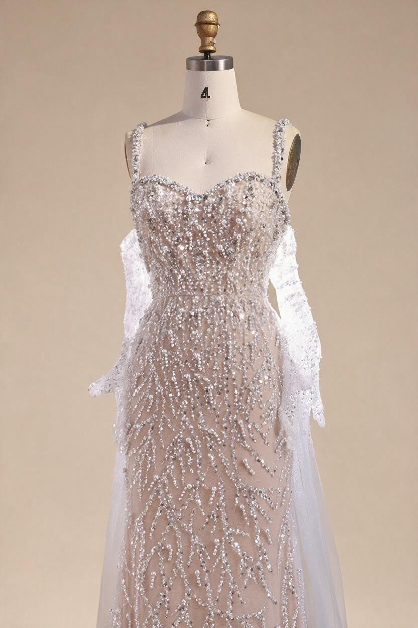 White Nude Mermaid Pearls Evening Dresses with Gloves Wedding Party Gowns for Women 2026 Customized DLA72345E | Nightbubo