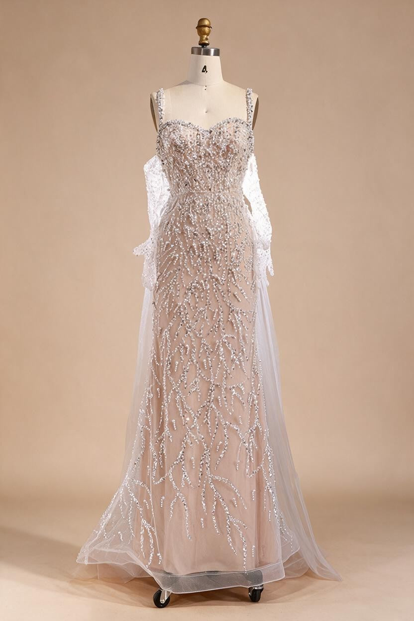 White Nude Mermaid Pearls Evening Dresses with Gloves Wedding Party Gowns for Women 2026 Customized DLA72345E | Nightbubo