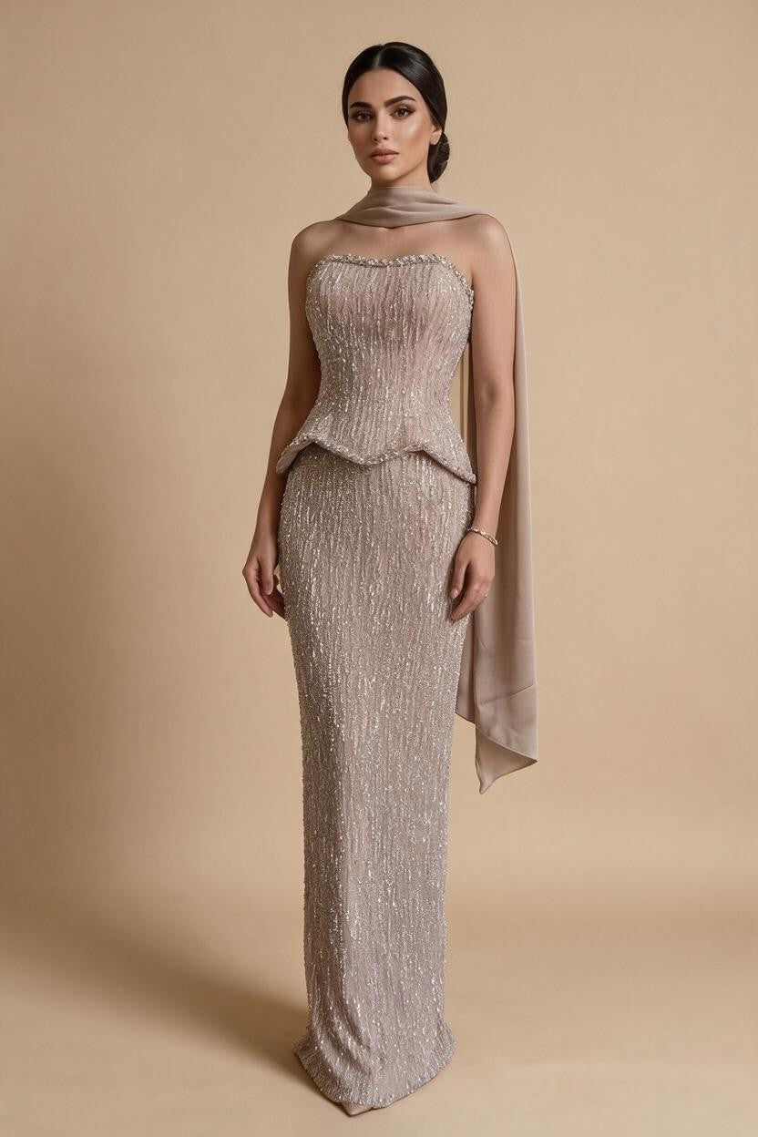 Luxury Beaded Evening Dresses Strapless Peplum Vestidos De Fiesta Wedding Party Formal Wear Gown for Women DLA73076A | Nightbubo