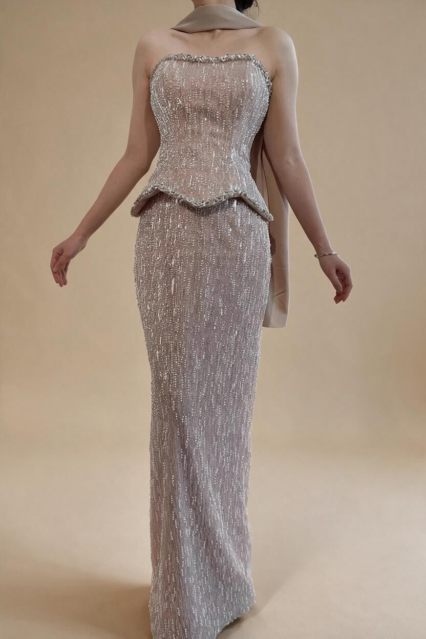 Luxury Beaded Evening Dresses Strapless Peplum Vestidos De Fiesta Wedding Party Formal Wear Gown for Women DLA73076A | Nightbubo