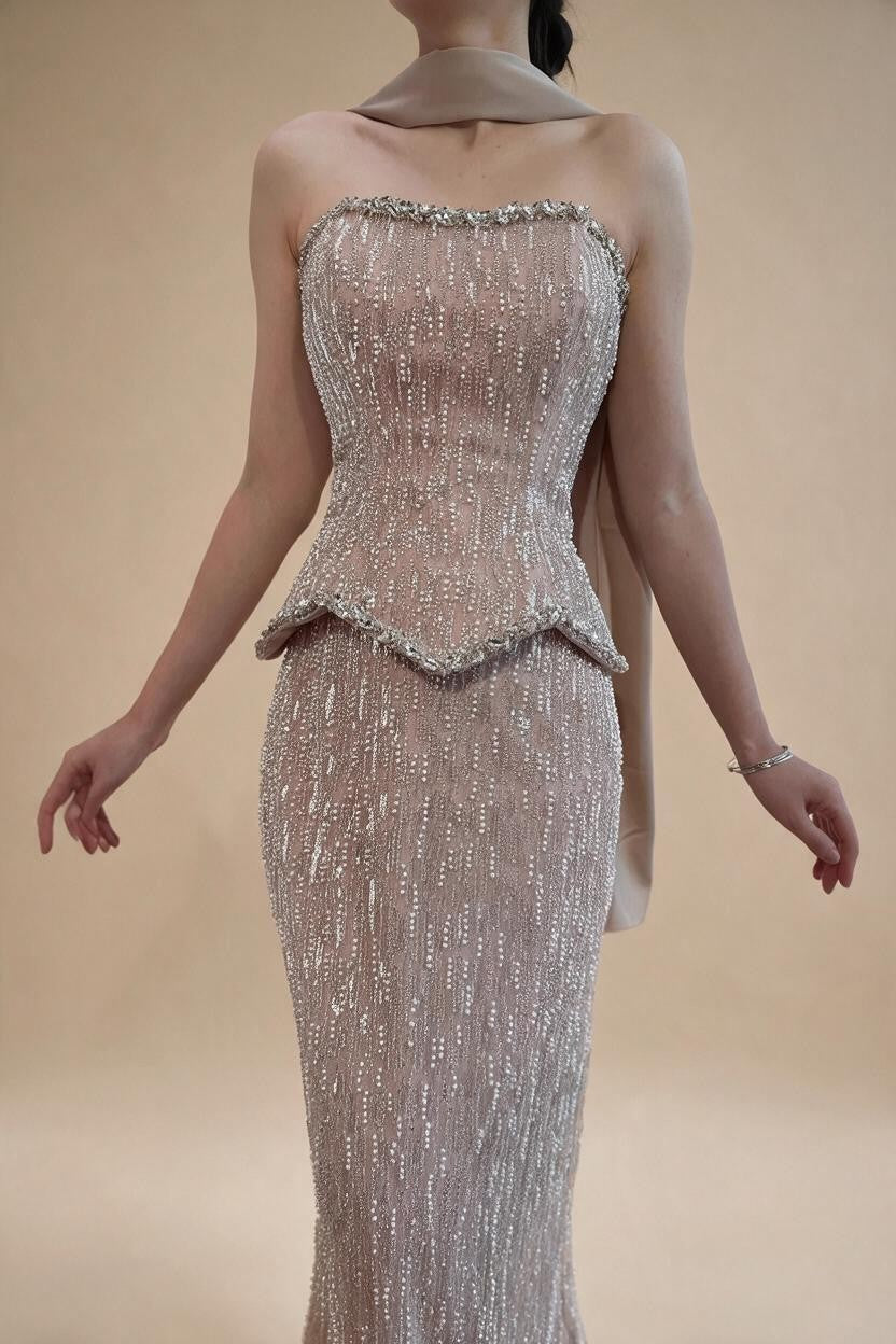 Luxury Beaded Evening Dresses Strapless Peplum Vestidos De Fiesta Wedding Party Formal Wear Gown for Women DLA73076A | Nightbubo