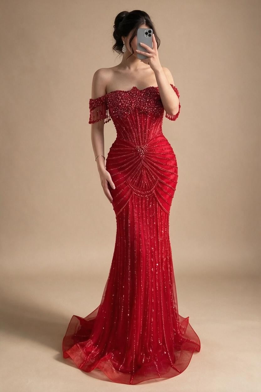 Red Mermaid Beaded Pearl Off-Shoulder Evening Gown 2026 High End Couture Party Dress for Women Customized DLA73148A | Nightbubo