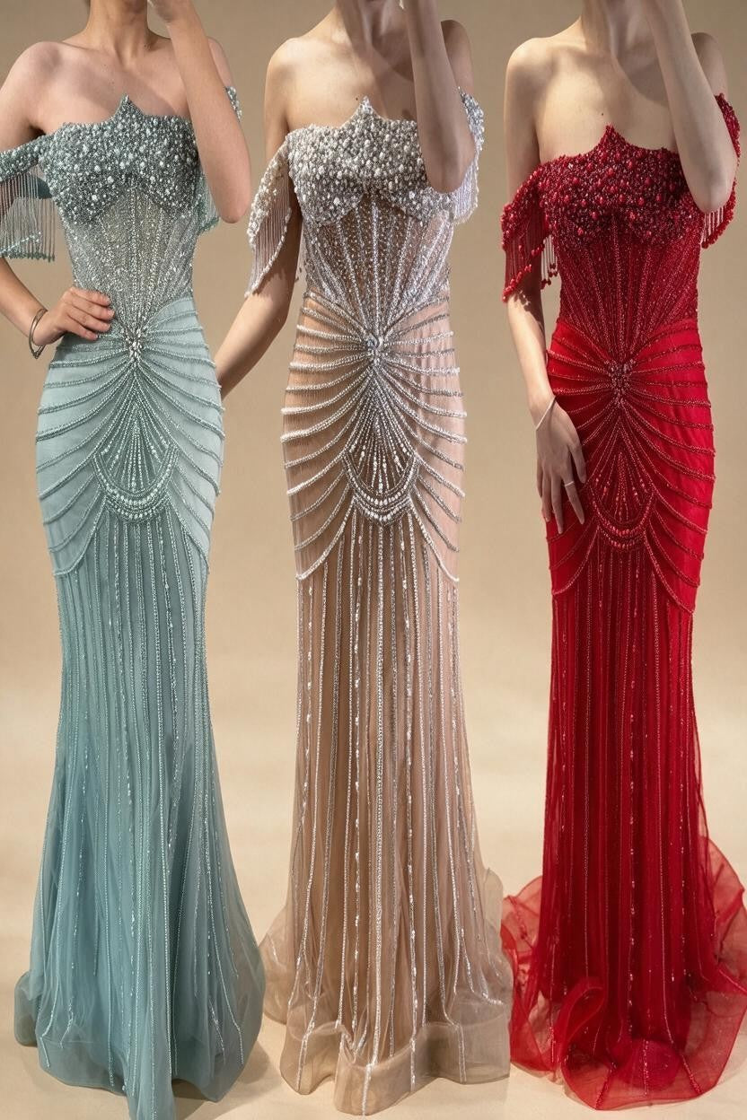 Red Mermaid Beaded Pearl Off-Shoulder Evening Gown 2026 High End Couture Party Dress for Women Customized DLA73148A | Nightbubo