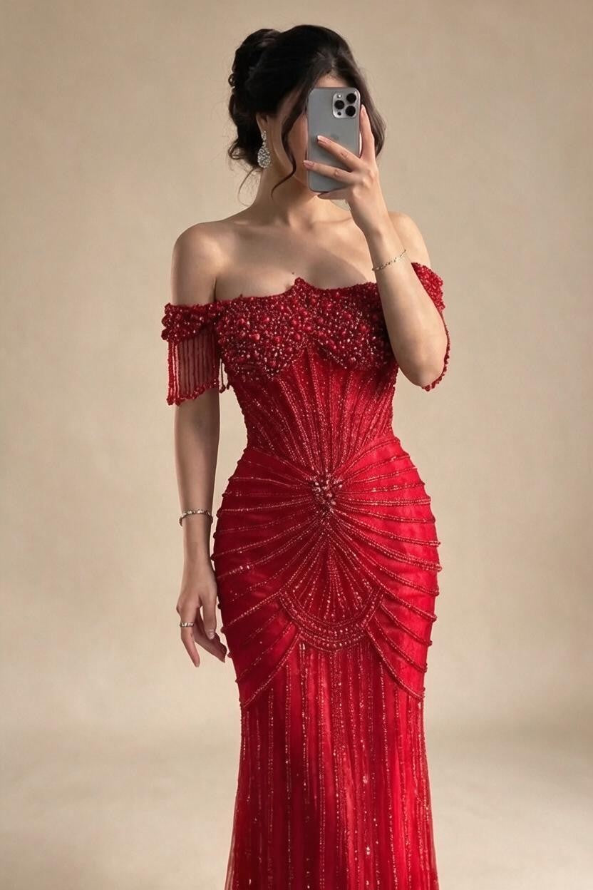 Red Mermaid Beaded Pearl Off-Shoulder Evening Gown 2026 High End Couture Party Dress for Women Customized DLA73148A | Nightbubo