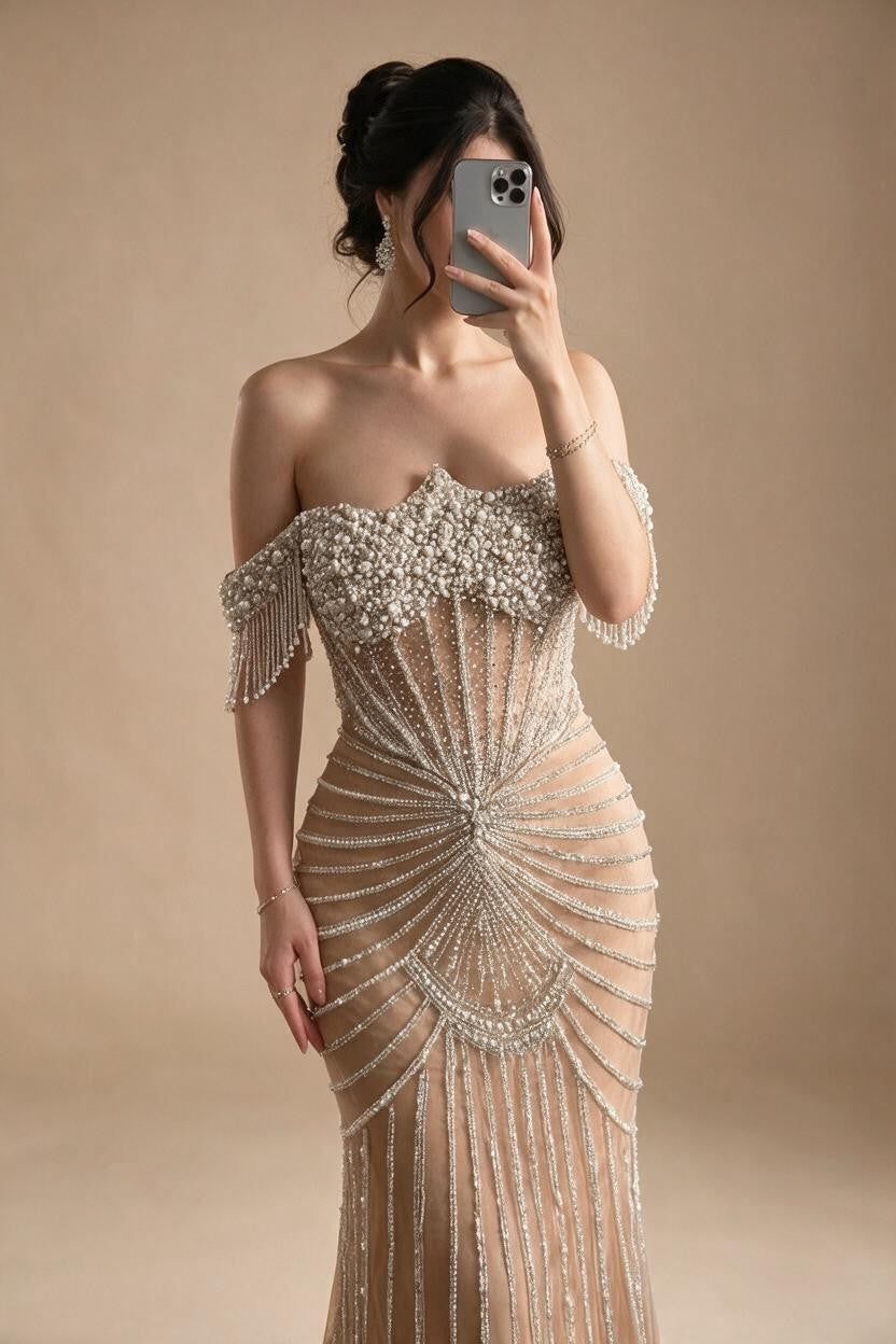 Red Mermaid Beaded Pearl Off-Shoulder Evening Gown 2026 High End Couture Party Dress for Women Customized DLA73148A | Nightbubo