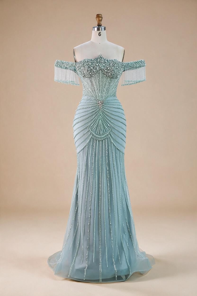 Red Mermaid Beaded Pearl Off-Shoulder Evening Gown 2026 High End Couture Party Dress for Women Customized DLA73148A | Nightbubo