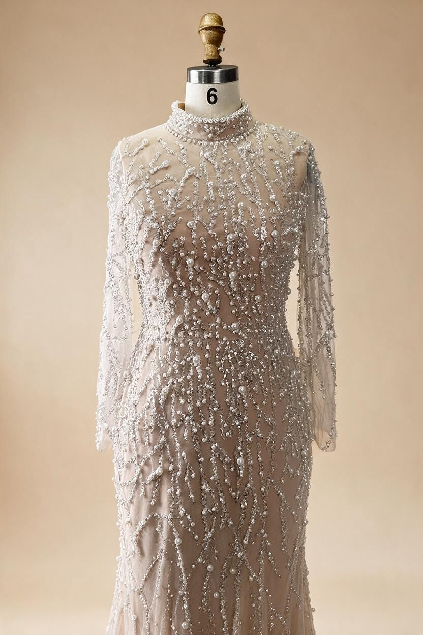 Luxury Saudi Arabic Pearls Beaded Nude Mermaid Evening Dresses For Wedding Occasion DLA72345A Customized | Nightbubo