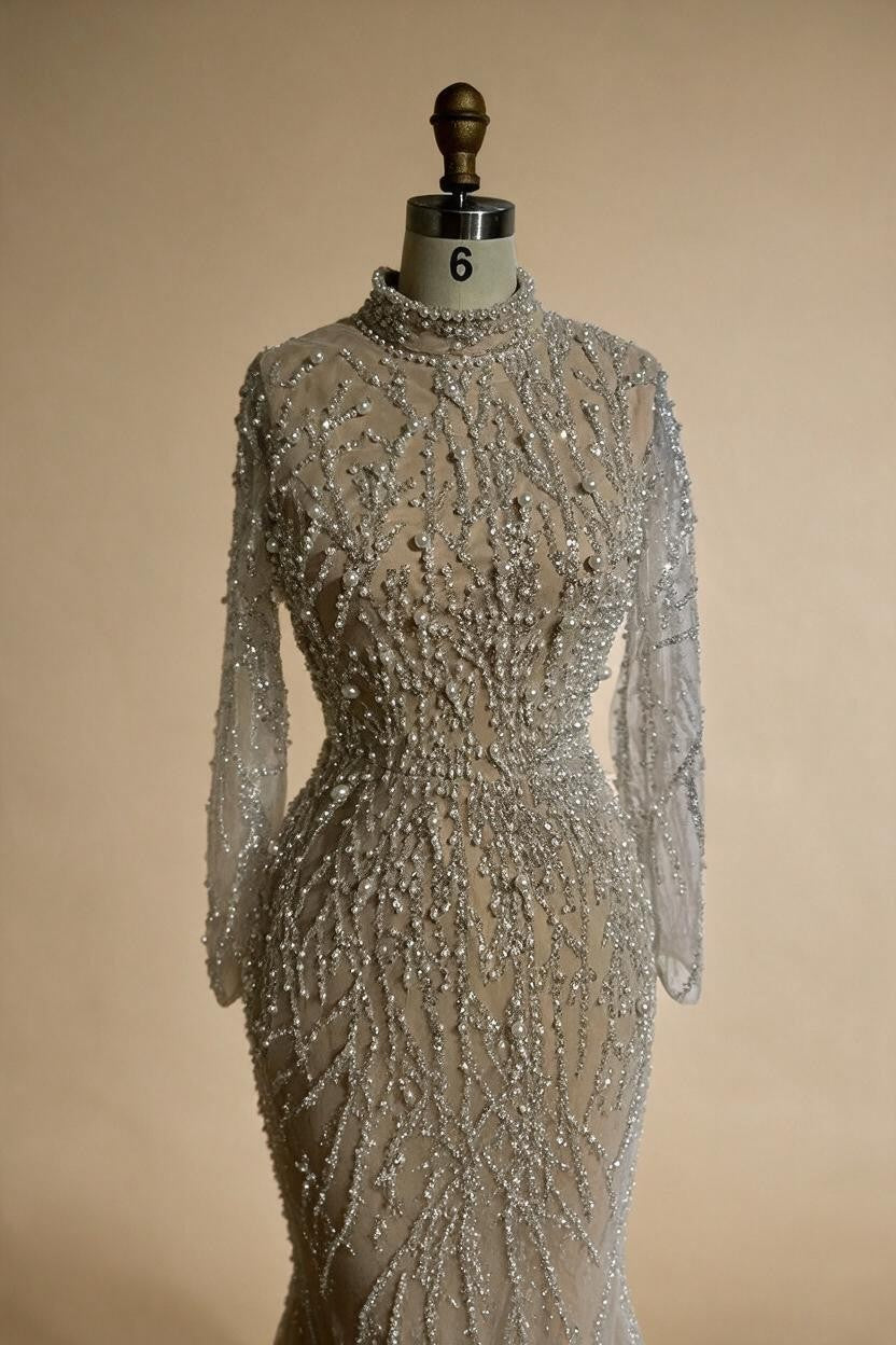 Luxury Saudi Arabic Pearls Beaded Nude Mermaid Evening Dresses For Wedding Occasion DLA72345A Customized | Nightbubo