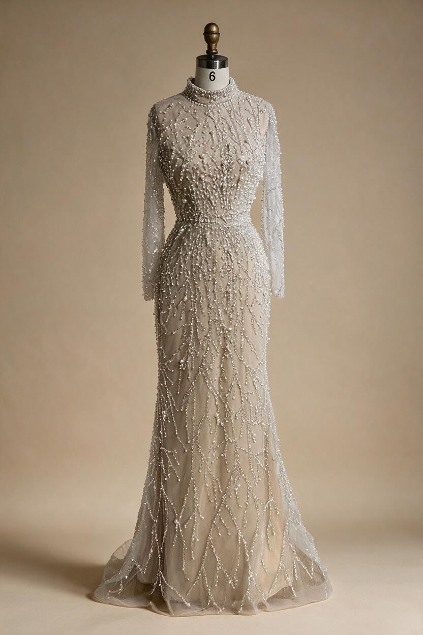 Luxury Saudi Arabic Pearls Beaded Nude Mermaid Evening Dresses For Wedding Occasion DLA72345A Customized | Nightbubo