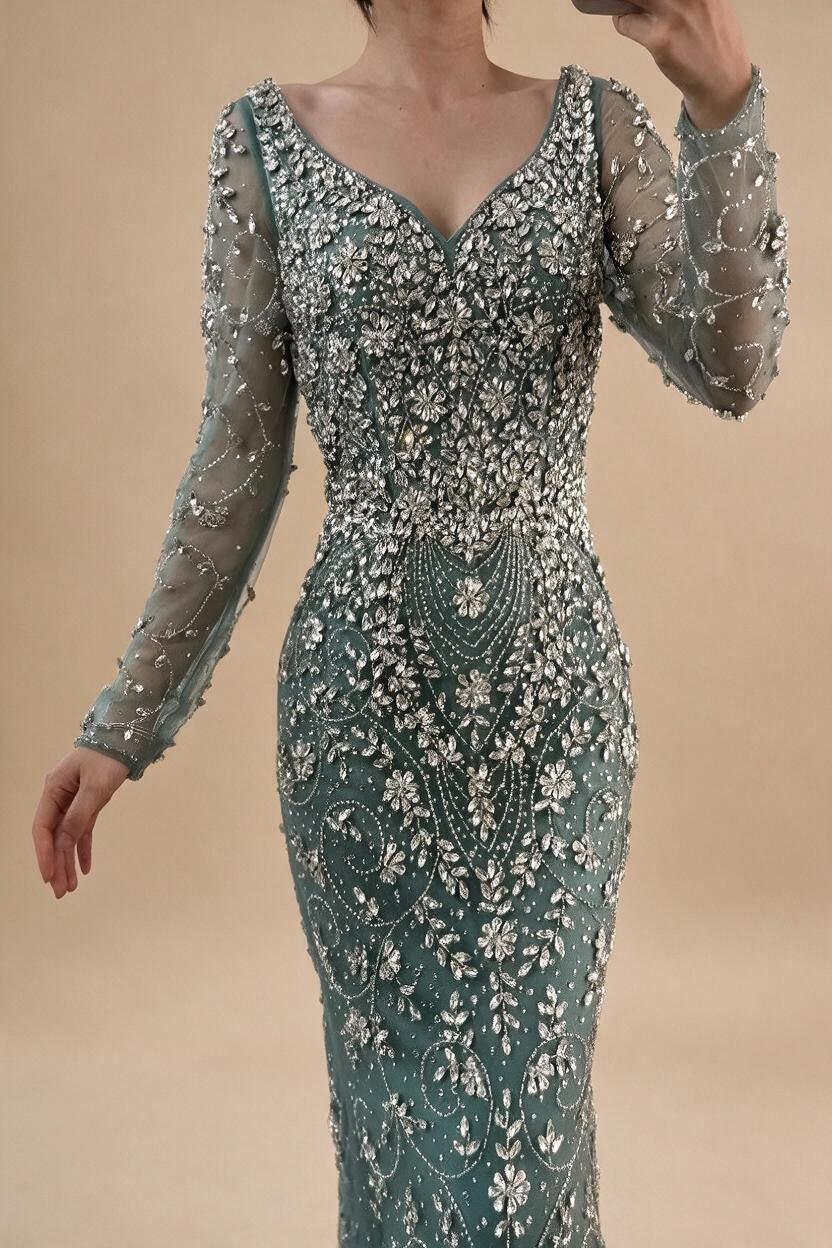 Turquoise V-neck Long Sleeve Mermaid Beaded Evening Dresses Luxury Party Gowns for Women DLA73042 Customized | Nightbubo