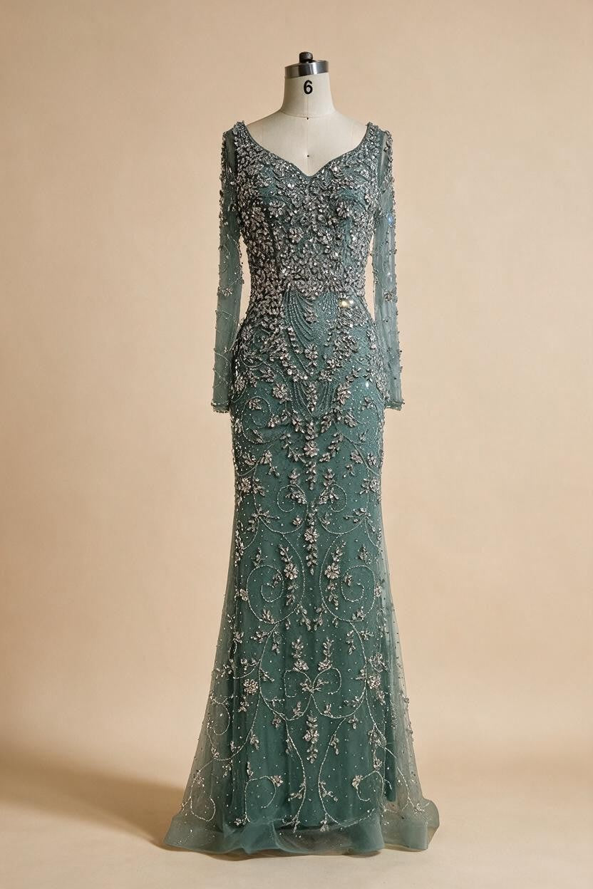 Turquoise V-neck Long Sleeve Mermaid Beaded Evening Dresses Luxury Party Gowns for Women DLA73042 Customized | Nightbubo