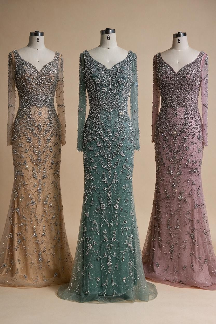 Turquoise V-neck Long Sleeve Mermaid Beaded Evening Dresses Luxury Party Gowns for Women DLA73042 Customized | Nightbubo