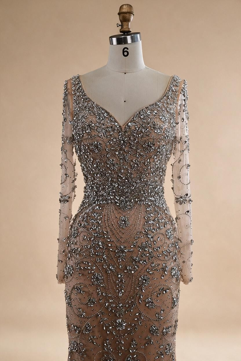 Turquoise V-neck Long Sleeve Mermaid Beaded Evening Dresses Luxury Party Gowns for Women DLA73042 Customized | Nightbubo