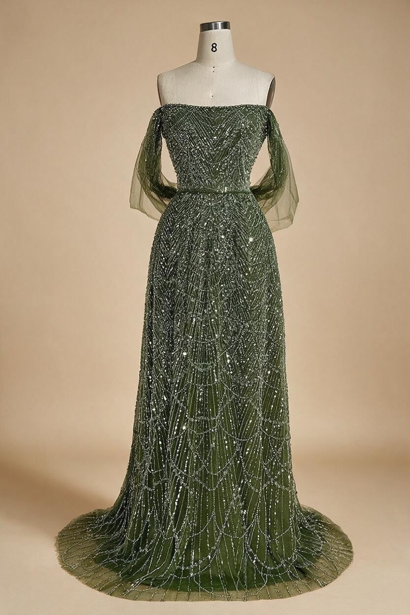 Customized Dubai Olive Green A Line Off Shoulder Evening Dresses With Pearl Beaded Design For Party DLA72738A | Nightbubo