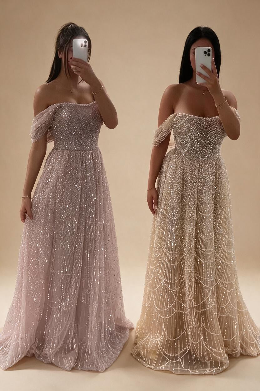 Customized Dubai Olive Green A Line Off Shoulder Evening Dresses With Pearl Beaded Design For Party DLA72738A | Nightbubo