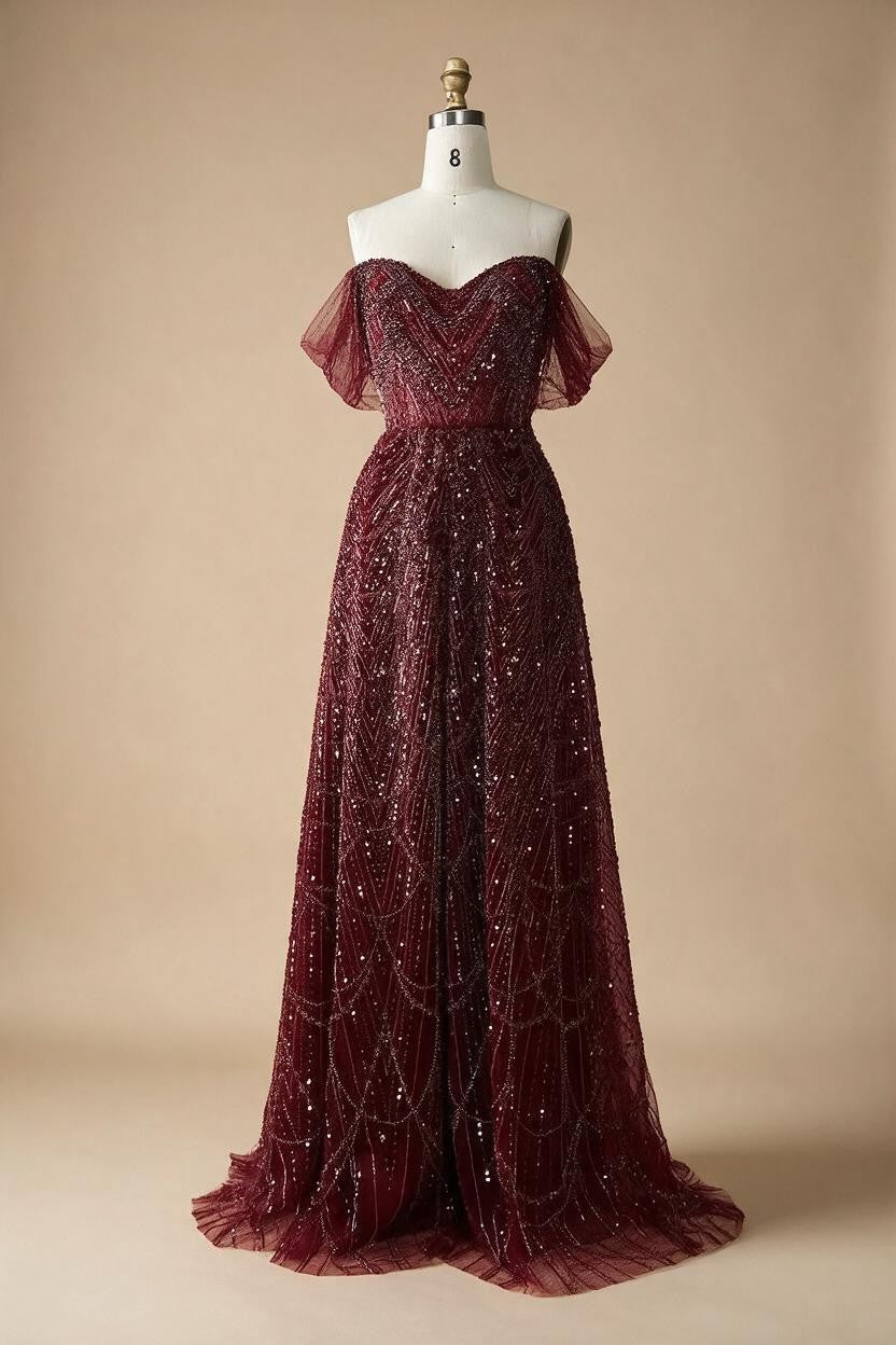 Customized Dubai Olive Green A Line Off Shoulder Evening Dresses With Pearl Beaded Design For Party DLA72738A | Nightbubo