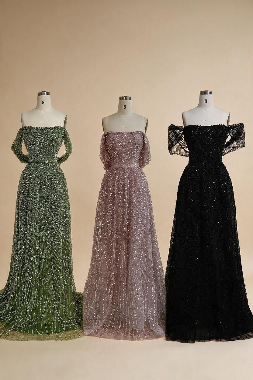 Customized Dubai Olive Green A Line Off Shoulder Evening Dresses With Pearl Beaded Design For Party DLA72738A | Nightbubo